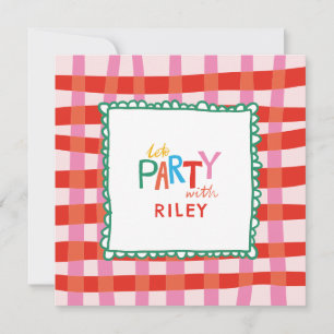 Colourful Gingham "Let’s Party" Custom Name Kids Invitation