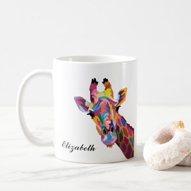 Colourful Giraffe Pop Art Personalized Coffee Mug (With Donut)