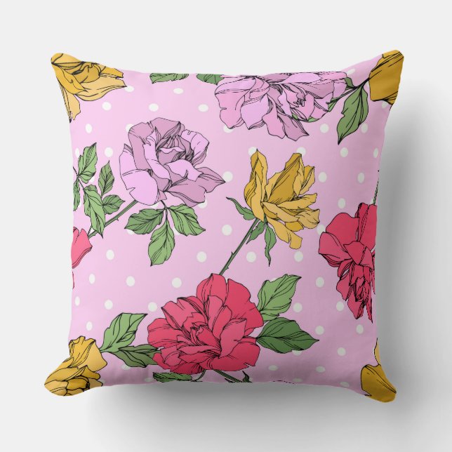 Colourful girly floral graphic ink roses pink, red throw pillow (Front)