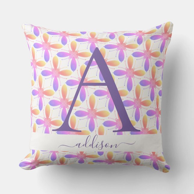 Colourful Girly Flower Monogram Name  Throw Pillow (Front)