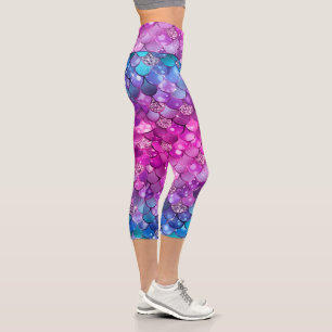 Colourful Girly Mermaid Glitter Scale Pattern Capri Leggings
