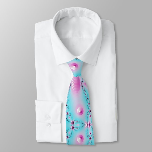 Colourful Girly pink and blue flower fractal Tie (Tied)