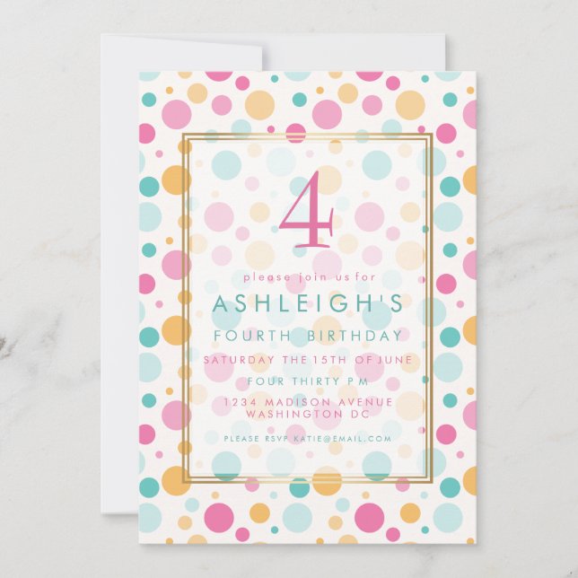 Colourful Girly Polka Dots Child Birthday Party Invitation (Front)