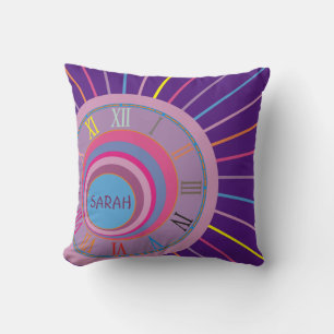 Colourful Girly Pretty Lines Roman Numerals Clock Throw Pillow