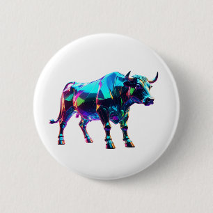 Colourful Glass Bull Digital Art – Vibrant Neon 3D 2 Inch Round Button