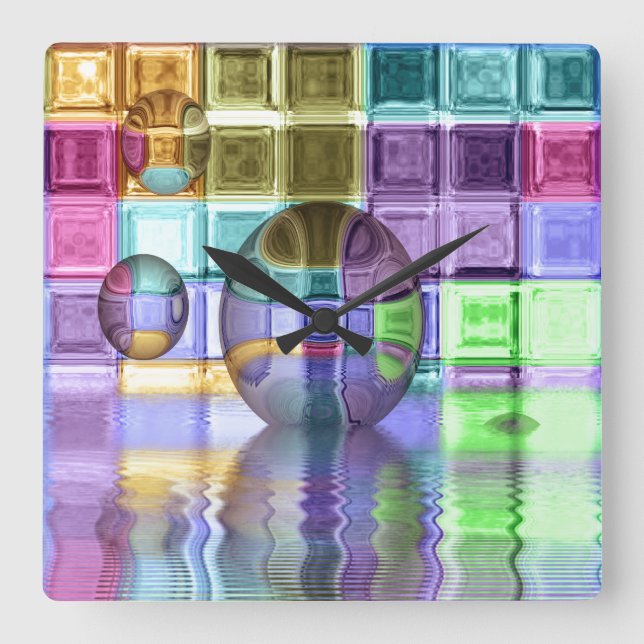 Colourful Glass Tile Worlds Square Wall Clock (Front)