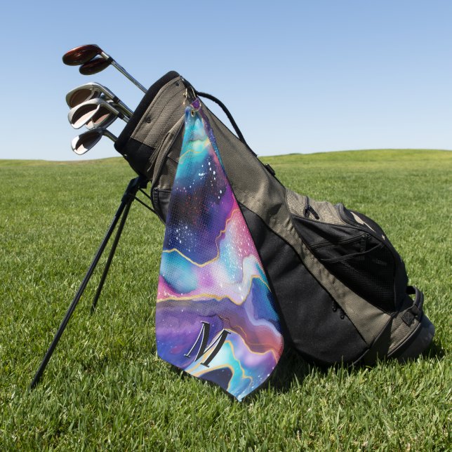 Colourful Glitter Agate Pattern Monogram Golf Towel (Green)