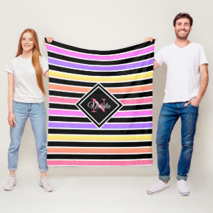 Colourful Glitter Black Stripes Monogram Fleece Blanket