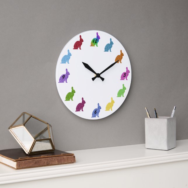 Colourful Glitter Bunny Rabbits Wall Clock (Office)