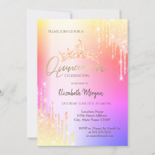 Colourful Glitter Drops Crown Quinceañera Invitation