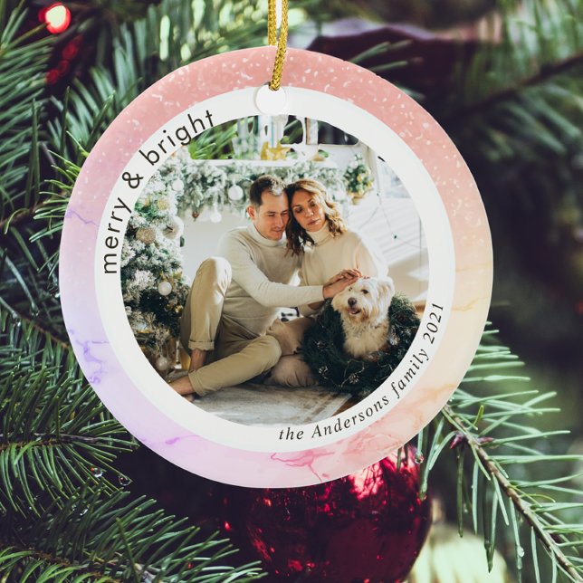 Colourful Glitter Family Photo | Merry And Bright Ceramic Ornament (Creator Uploaded)