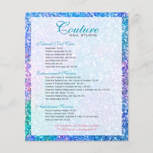 Colourful Glitter Glitter Menu List (Front)
