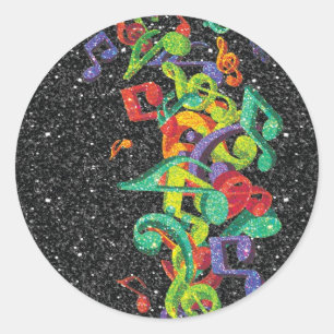 colourful glitter music notes and black effects classic round sticker