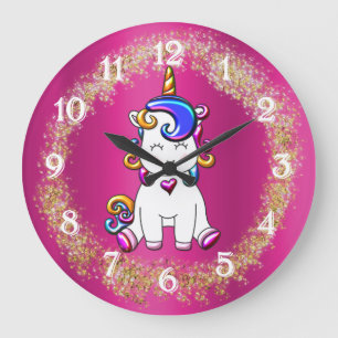 Colourful Glitter Pink Unicorn Large Clock