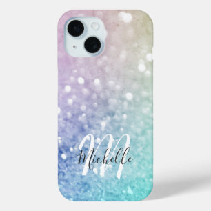 Colourful Glitter Pretty Bokeh Monogrammed iPhone 15 Case