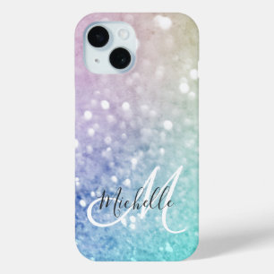 Colourful Glitter Pretty Bokeh Monogrammed iPhone 15 Case