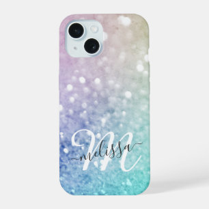Colourful Glitter Pretty Bokeh Monogrammed iPhone 15 Case
