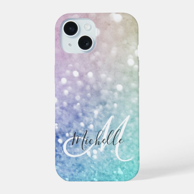 Colourful Glitter Pretty Bokeh Monogrammed iPhone 15 Case (Back)
