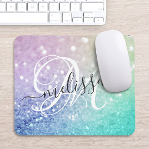 Colourful Glitter Pretty Bokeh Monogrammed Mouse Pad