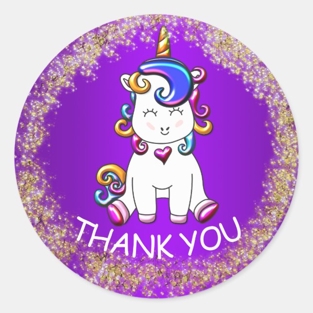 Colourful Glitter Purple Unicorn Birthday Classic Round Sticker (Front)