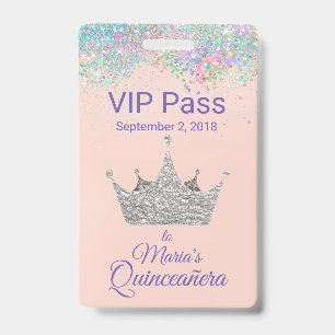 Colourful Glitter Silver Crown Quinceañera VIP Badge