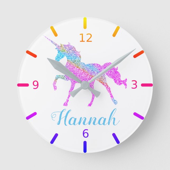 Colourful Glitter Speckled Magical Unicorn Round Clock (Front)