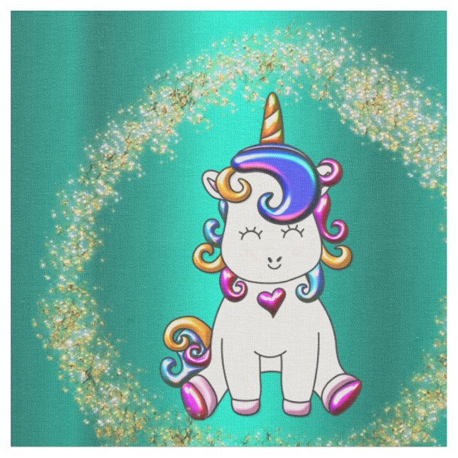 Colourful Glitter Teal Unicorn Fabric (Close Up)