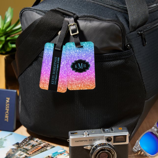 Colourful Glitter Texture Print Black Accent Luggage Tag (Front & Back)