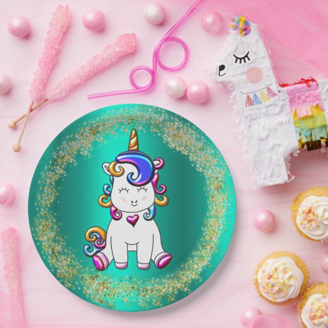Colourful Glitter Unicorn Birthday Paper Plate (Party)