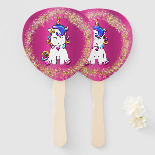 Colourful Glitter Unicorn Birthday Pink Hand Fan