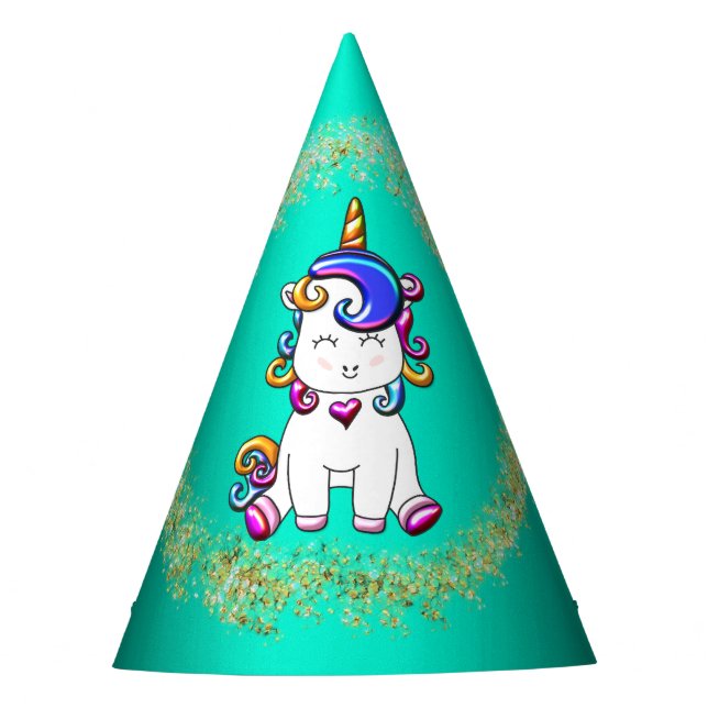Colourful Glitter Unicorn Birthday Teal Party Hat (Front)
