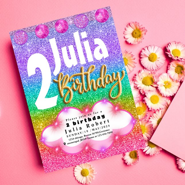 colourful Glitter Unicorn Rainbow birthday party Invitation (Creator Uploaded)