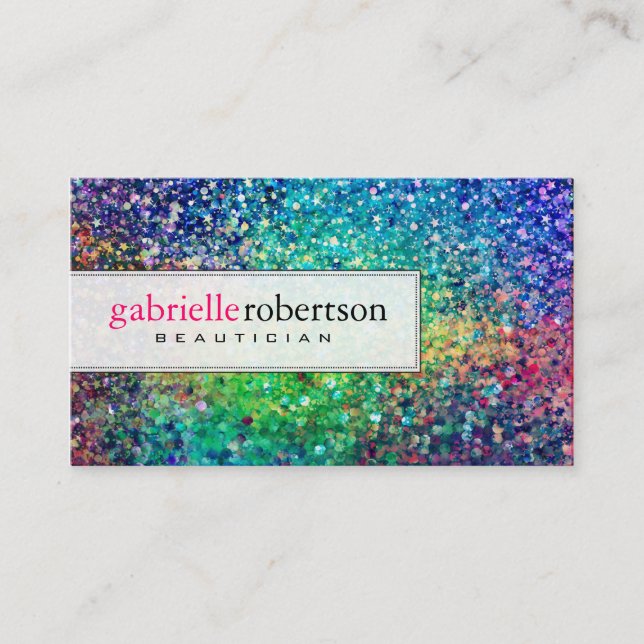Colourful Glitter White Background Business Card (Front)