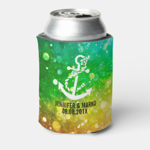 Colourful Glitter With Nautical Boat Anchor Can Cooler
