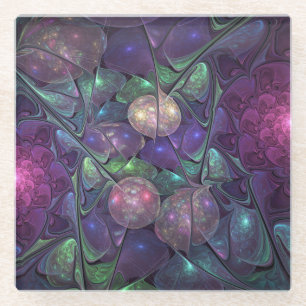 Colourful Glittering Modern Abstract Fractal Art Glass Coaster