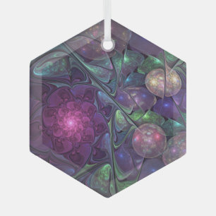 Colourful Glittering Modern Abstract Fractal Art Glass Ornament