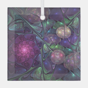 Colourful Glittering Modern Abstract Fractal Art Glass Ornament