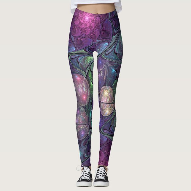 Colourful Glittering Modern Abstract Fractal Art Leggings (Front)