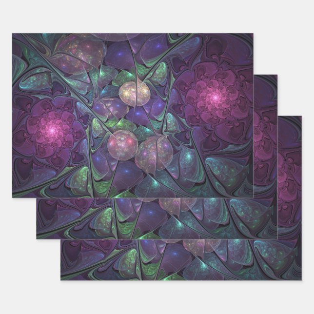 Colourful Glittering Modern Abstract Fractal Art Wrapping Paper Sheet (Set)