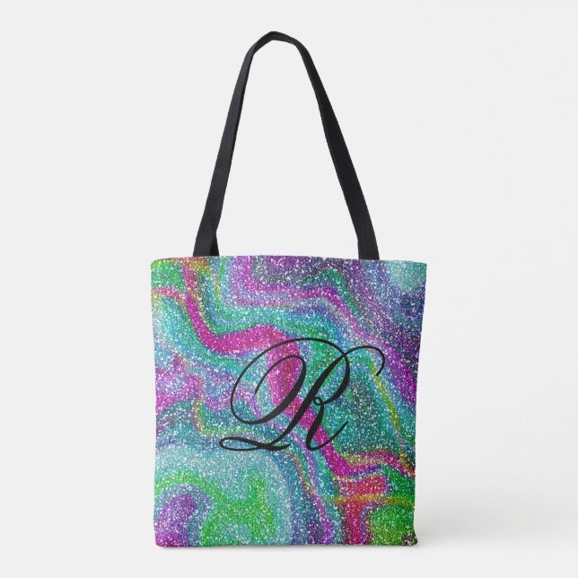Colourful Glittery Abstract Design w/ Monogram Tote Bag (Back)