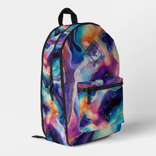 Colourful glittery agate swirly texture | monogram printed backpack (Back Corner Left)