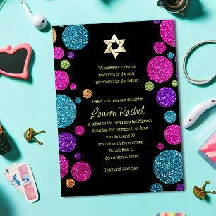 Colourful Glittery Dots on Any Colour Bat Mitzvah Invitation