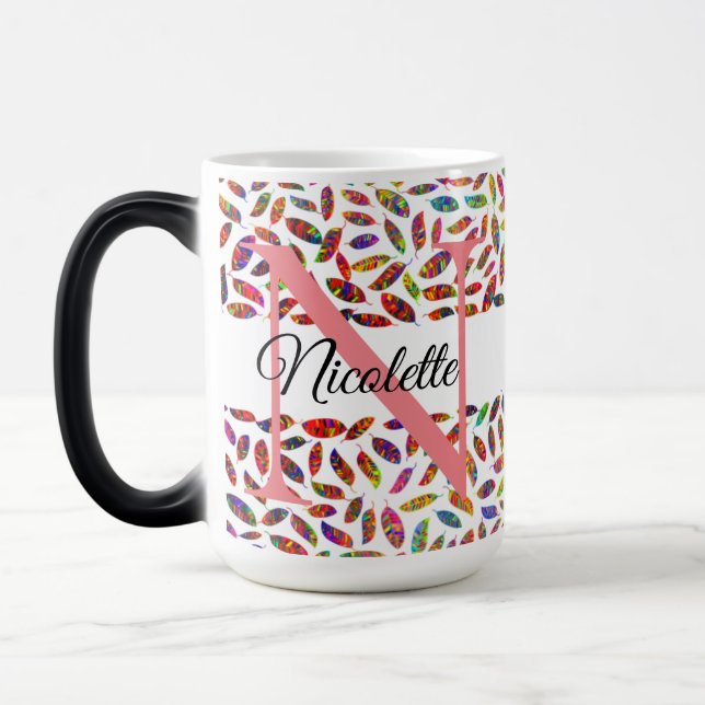 Colourful Glittery Feathers Monogram Personalize Magic Mug (Left)