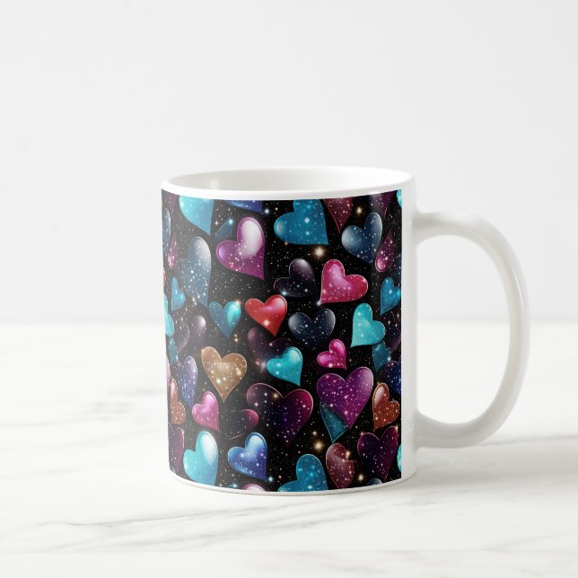 Colourful glittery hearts pattern coffee mug (Right)