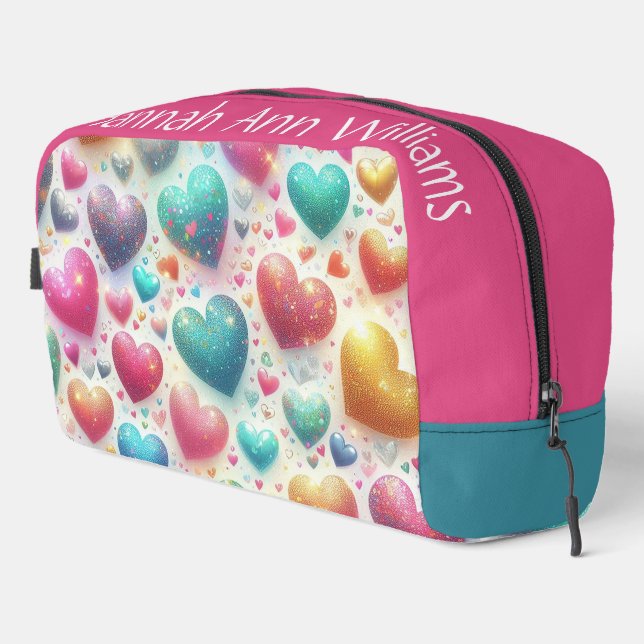 Colourful Glittery Hearts Personalized  Dopp Kit (Right Corner)