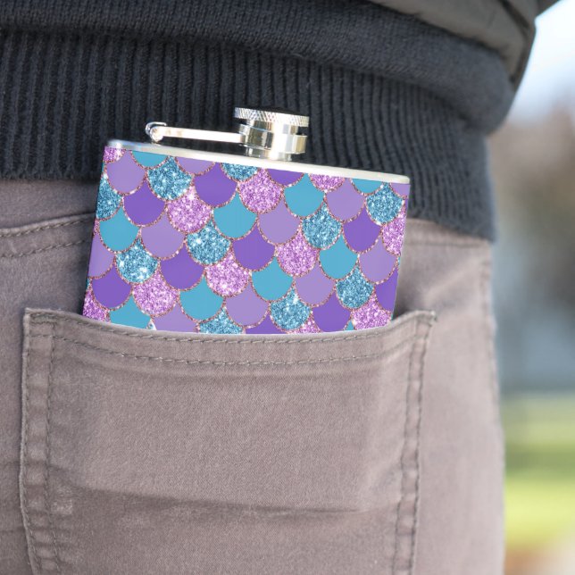 Colourful glittery mermaid scales pattern hip flask (In Situ)