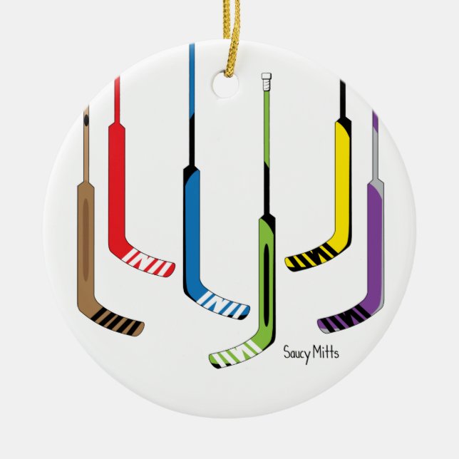 Colourful Goalie Hockey Sticks Ceramic Ornament (Front)