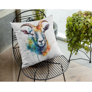 colourful goat head painted in water colour throw pillow