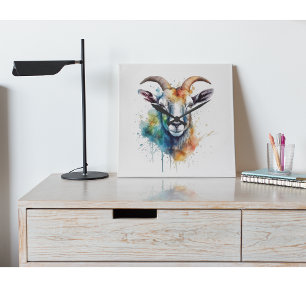 colourful goat head painted in watercolor square wall clock