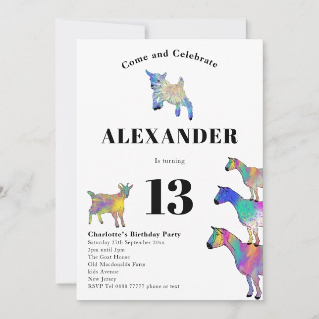 Colourful Goat Themed Birthday Party Invitation (Front)